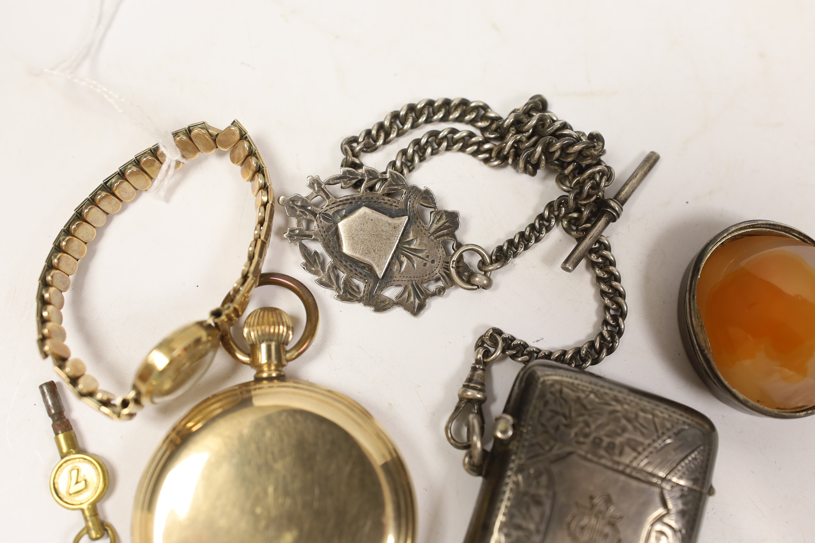 A silver vesta case, on a silver albert, with silver medallion, a lady's 9ct gold manual wind wrist watch, on a gold plated bracelet, a gold plated hunter pocket watch a silver pusher and a George III silver and agate mo